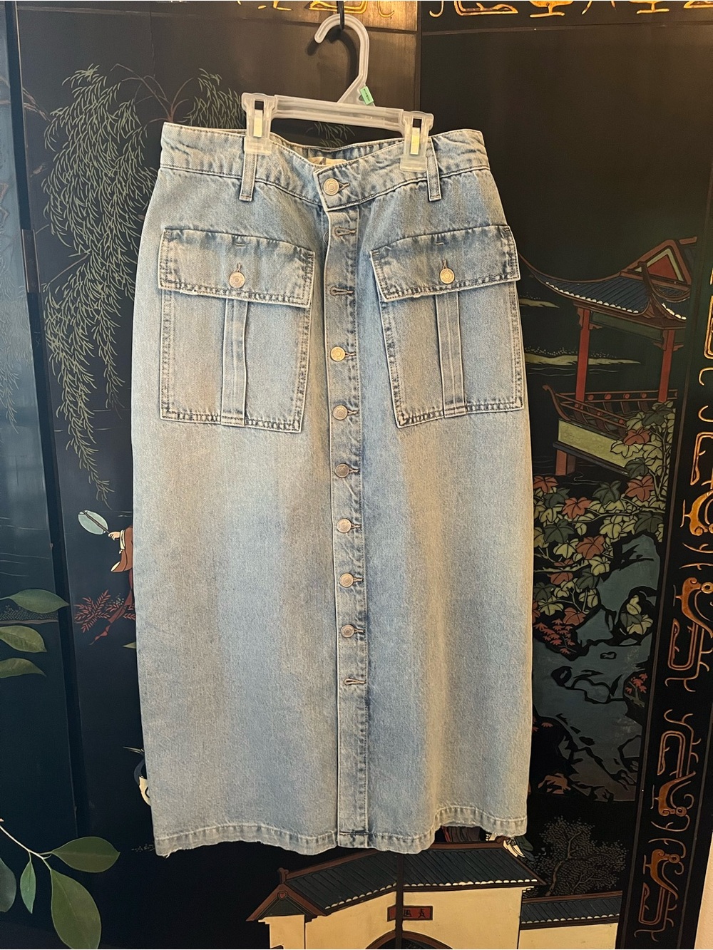 We The Free Light Wash Denim Midi Skirt with Front Pockets